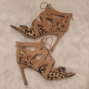 Dolce Vita Leopard Print Beige  Black Calf Hair Suede Lace-Up High Heels Size 10